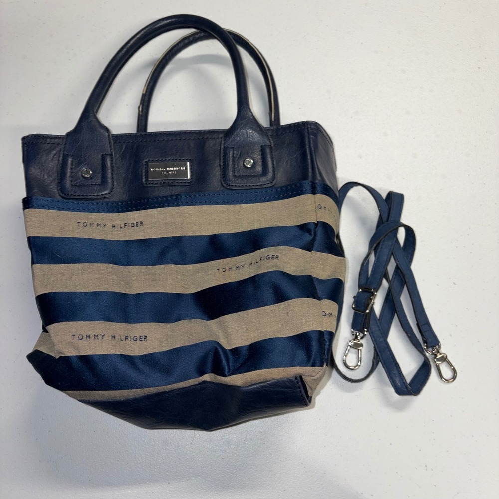 Tommy Hilfiger Navy Blue Tan Striped Satchel Handbag Crossbody Bag